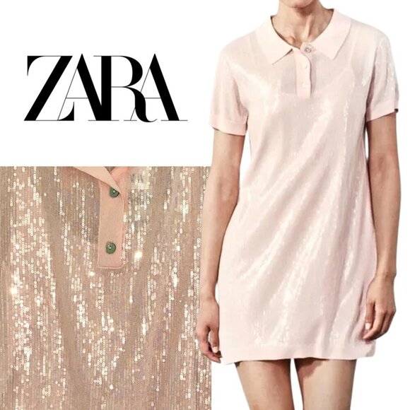 NWT, Zara, Sequin Knit Short Sleeve Mini Polo Collar Dress in Light, Pale Pink - Picture 1 of 12
